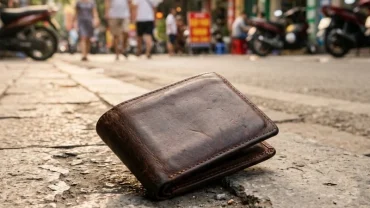 Chiếc ví da nằm trên vỉa hè gợi lên sự tò mò về việc nhặt được ví tiền là điềm gì theo phong thủy tâm linh