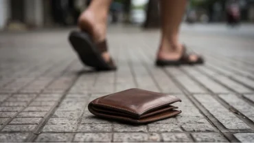 Chiếc ví da màu nâu rơi trên vỉa hè gạch làm dấy lên thắc mắc nhặt được ví tiền là điềm gì