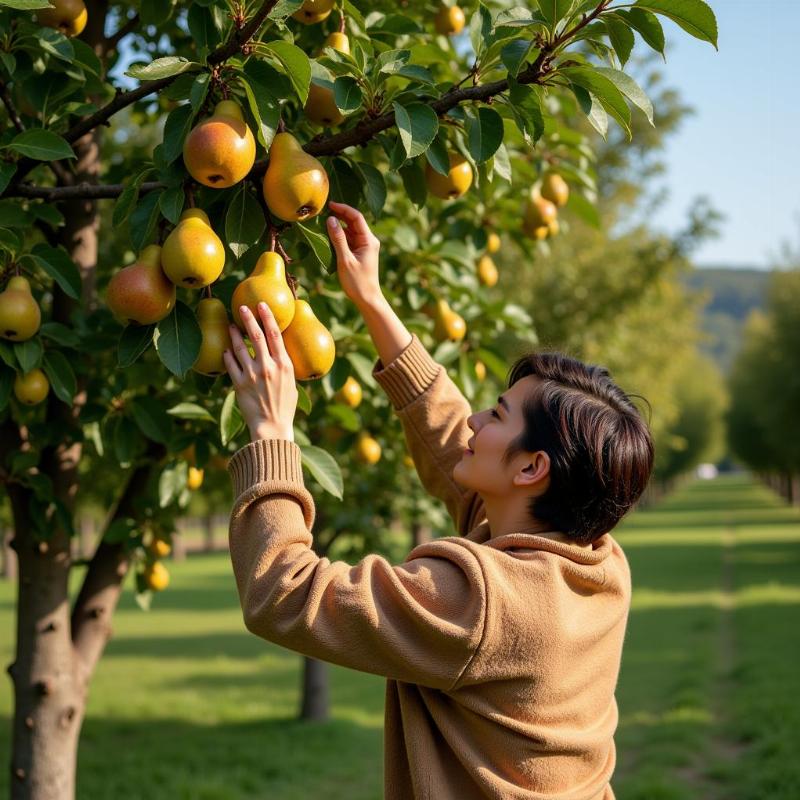 Nhặt nhiều lê trên cây