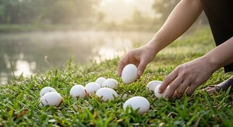 Mơ thấy nhặt được nhiều trứng vịt: Điềm báo & bộ số tài lộc 2 Bàn tay người đang nhặt những quả trứng vịt vương vãi trên thảm cỏ ven một hồ nước nhỏ tĩnh lặng