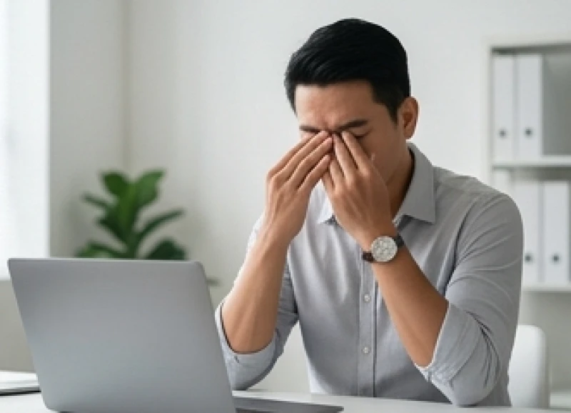 Người đàn ông xoa mắt để giảm thiểu tình trạng mỏi cơ mi và nháy mắt liên tục