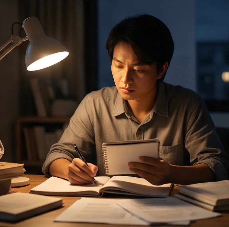 Nhảy mũi là điềm gì: Tra cứu theo giờ, số lần và giới tính 6 Một người đang cẩn thận xem xét lại tài chính dưới ánh đèn khuya ứng nghiệm với điềm báo nhảy mũi