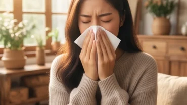 Cô gái hắt xì hơi nhẹ nhàng trong phòng khách ngập nắng, thể hiện ý nghĩa nhảy mũi là điềm gì theo phong thủy