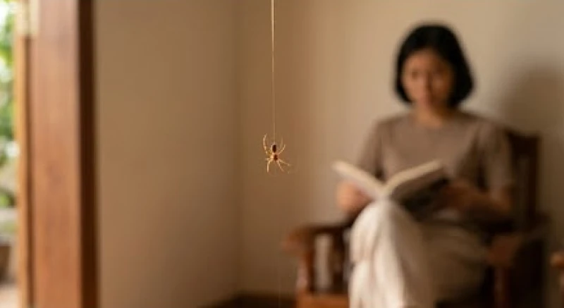 Con nhện nhỏ lơ lửng trên một sợi tơ mỏng manh ngay sát tầm mắt của người đang ngồi đọc sách