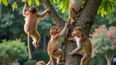 Nhiều khỉ leo cây trong vườn