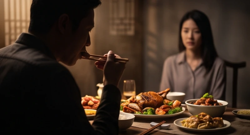 Mơ thấy ăn thịt rắn: Giải mã điềm hung cát & con số may mắn 3 Một người đứng lặng lẽ nhìn bóng đen bí ẩn đang từ từ thưởng thức phần thức ăn trên bàn