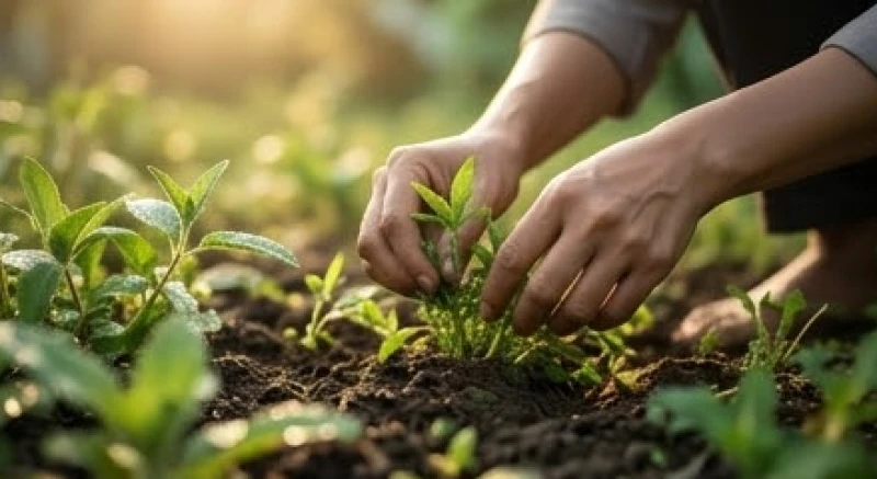 Đôi bàn tay đang cẩn thận nhổ những cụm cỏ dại xanh tươi tại một góc vườn nhỏ bé yên bình