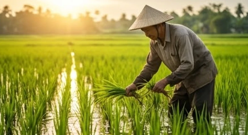 Nông dân cẩn thận nhổ những cây cỏ lùng mọc đan xen giữa ruộng lúa xanh mướt đang trổ bông