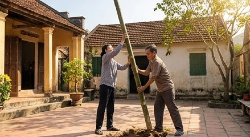 Hai người đang phối hợp cẩn thận nhổ thân cây tre đằng trước sân nhà ngập nắng