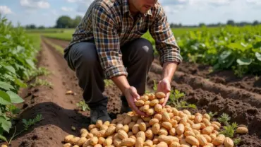 Người nông dân đang nhổ củ lạc trên đồng ruộng