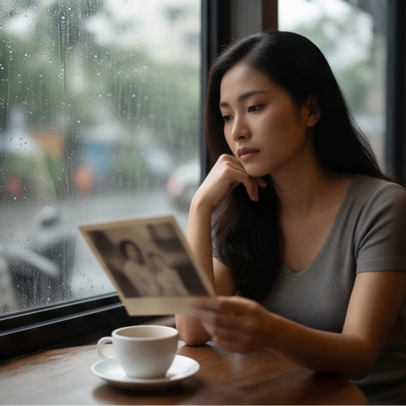 Cô gái ngồi trầm tư bên cửa sổ quán cà phê nghĩ về mối tình đã qua