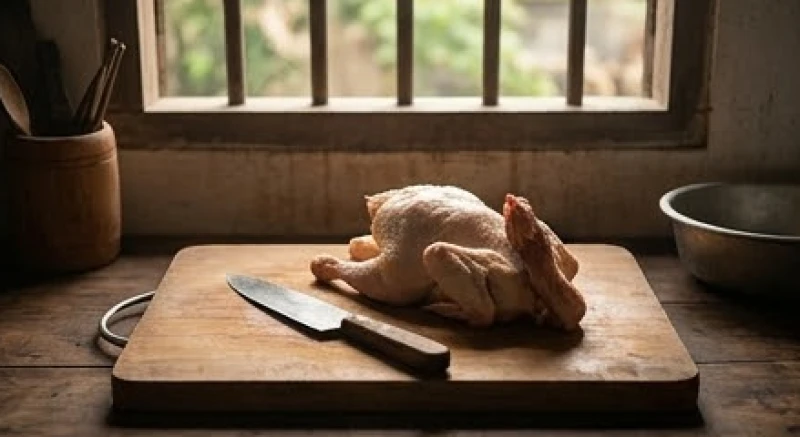 Chiếc thớt gỗ cùng dao và con gà đang được làm sạch để chuẩn bị nấu nướng