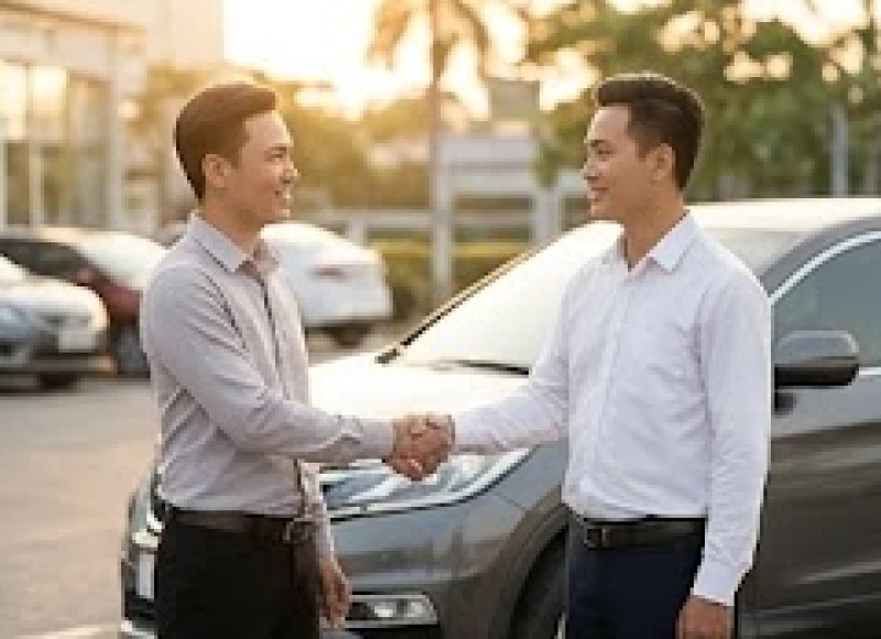 Tuổi Thìn mua xe ngày nào tốt: Bảng tra cứu 12 tháng 4 Hai người bạn tươi cười bắt tay nhau cạnh chiếc xe ô tô mới tại sân đại lý dưới trời nắng đẹp