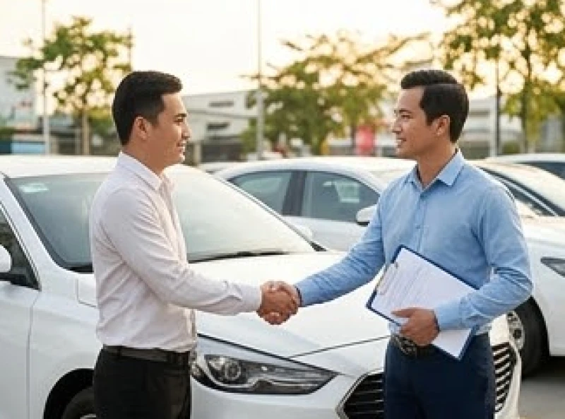 Người bạn hợp tuổi đang đại diện chủ xe ký giấy tờ và nhận bàn giao xe ô tô tại đại lý