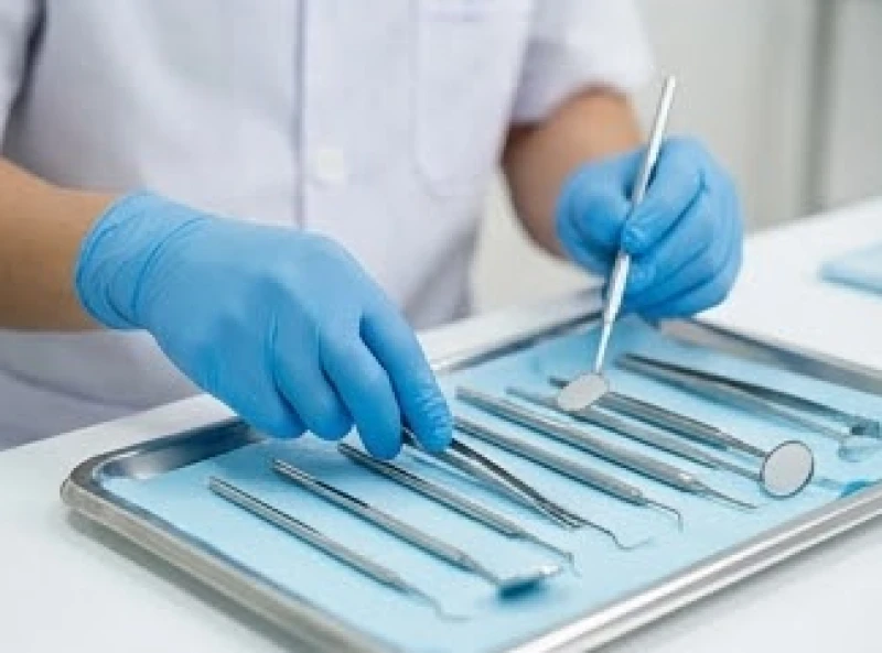 Bác sĩ nha khoa đang chuẩn bị dụng cụ y tế vô trùng để tiến hành nhổ răng khôn cấp cứu