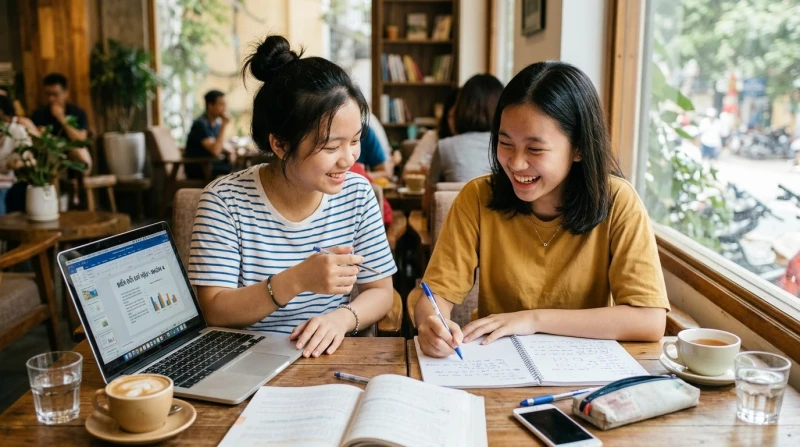 Hai học sinh đang vui vẻ trao đổi bài tập, thể hiện sức mạnh của các tuổi tam hợp trong môi trường học đường tuổi Tân Mão