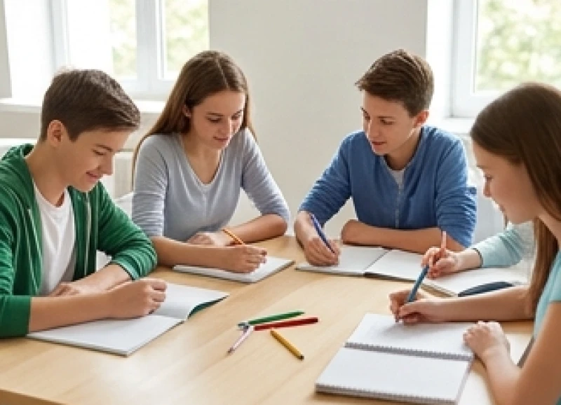 Nhóm thanh thiếu niên tươi tắn đang cùng nhau thảo luận bài tập nhóm trong không gian học tập yên tĩnh