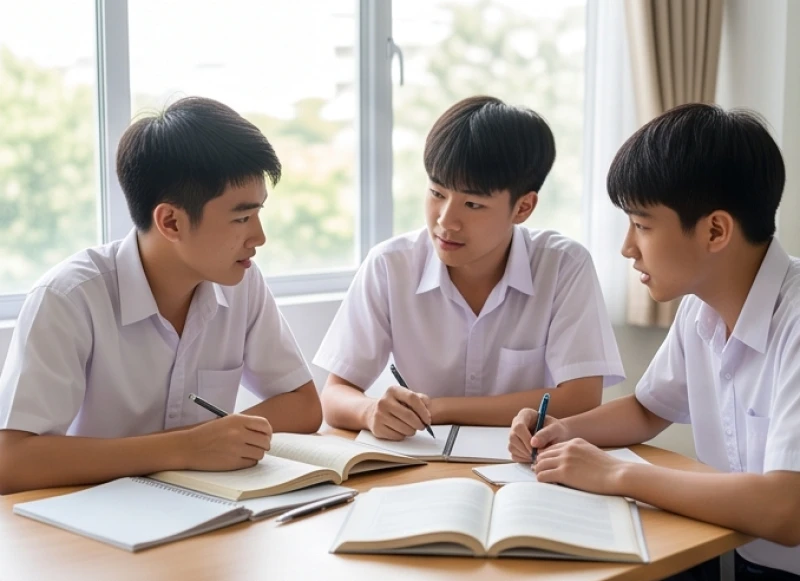 Kỷ Sửu 2009 Mệnh Gì: Giải Mã Nạp Âm Tích Lịch Hỏa Và Góc Học Tập 2 Nhóm nam sinh thảo luận bài tập sôi nổi tại không gian học tập ngập tràn ánh sáng tự nhiên