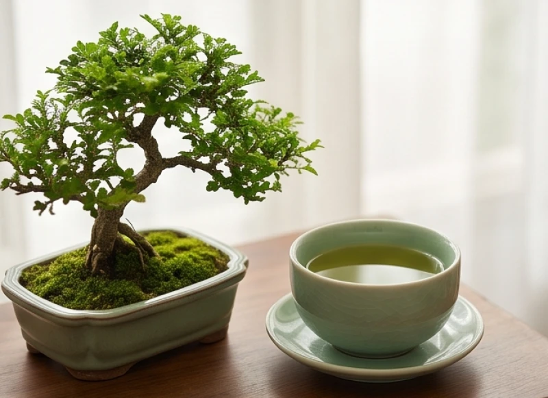 Chậu bonsai xanh mướt và chén trà mạn tượng trưng cho sự hòa nhã của nhóm tam hợp Mộc cục