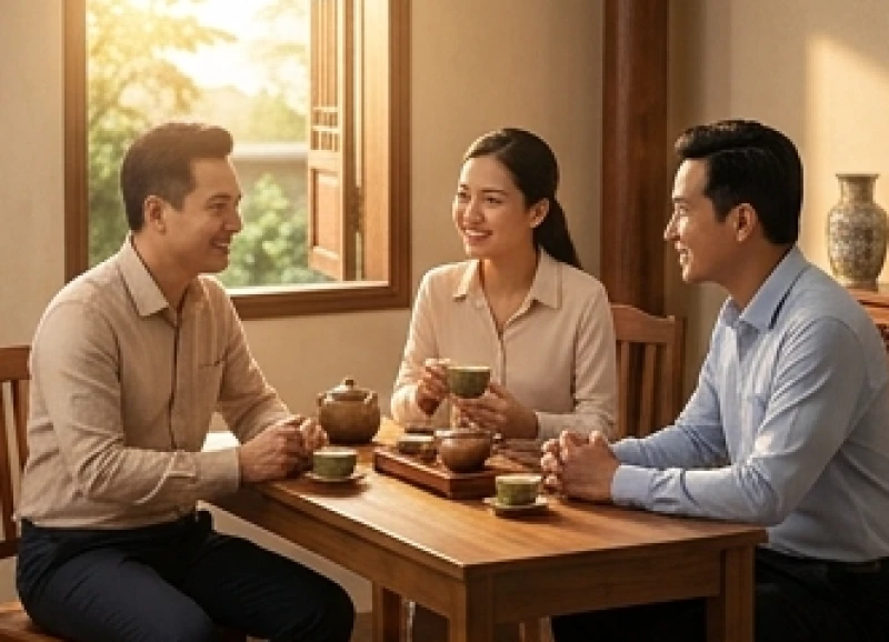 Ba người đối tác đang tươi cười đàm phán trên bàn trà truyền thống thể hiện sự hòa hợp ngoại giao