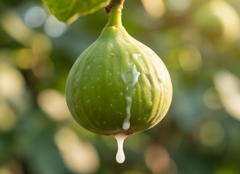Quả sung non màu xanh vừa bị vặt khỏi cành đang rỉ ra những giọt nhựa trắng đục