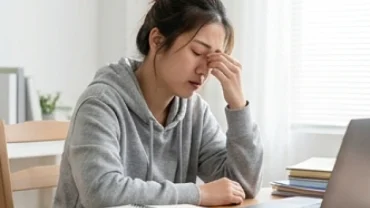 Người phụ nữ mệt mỏi xoa hốc mắt khi tìm hiểu nhức mắt trái là điềm gì hay dấu hiệu bệnh lý