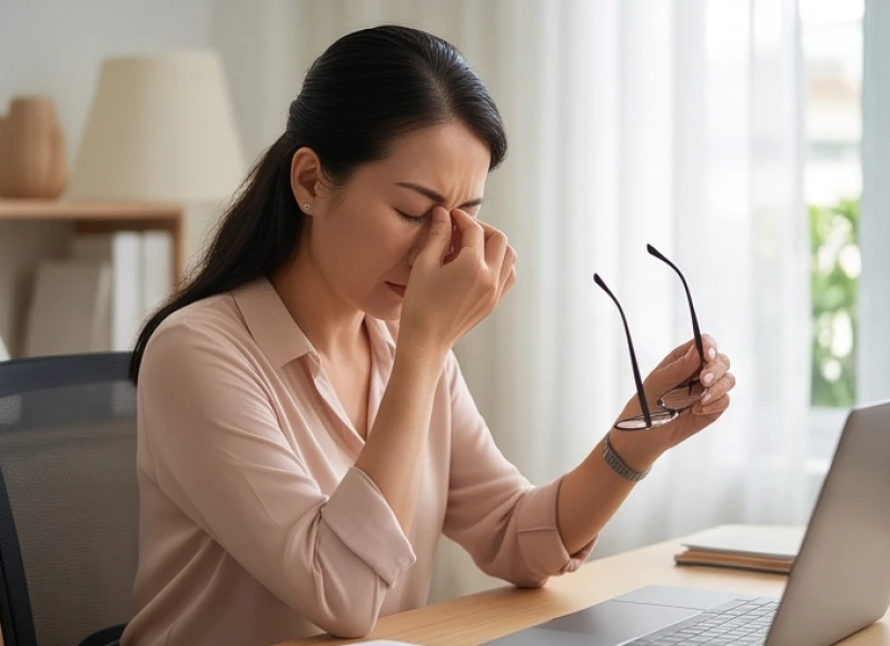 Phụ nữ dùng tay xoa quanh hốc mắt do khô giác mạc và nhức mỏi sau thời gian dài tiếp xúc màn hình