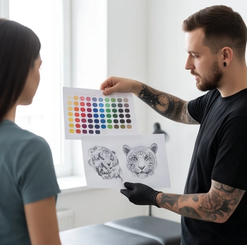 Thợ xăm đang cẩn thận gạch bỏ các mẫu thiết kế linh vật xung khắc để đảm bảo sự bình an cho khách hàng tuổi Dần