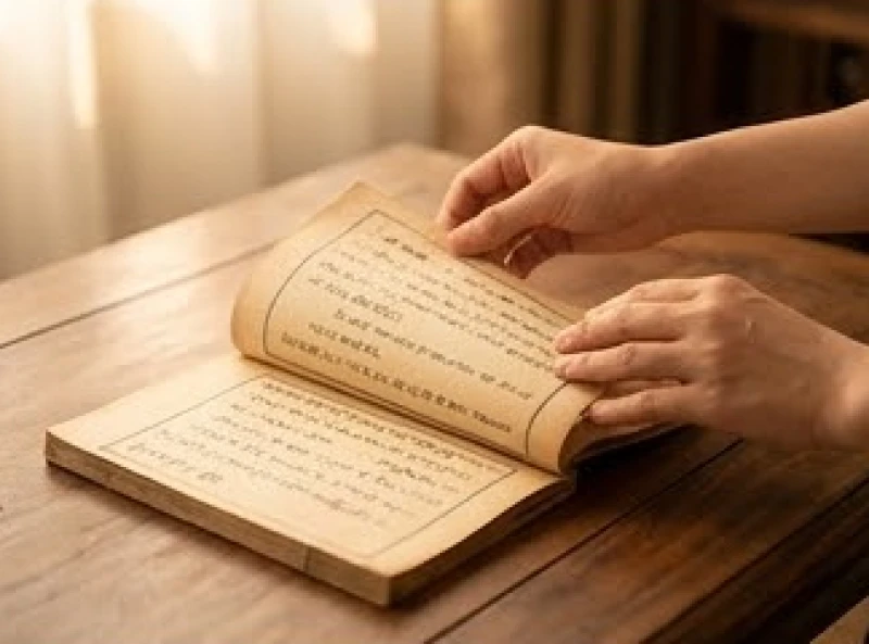 Bàn tay đang lật mở những trang sách cổ về phong thủy để rà soát cẩn thận các yếu tố xung khắc khi đặt tên
