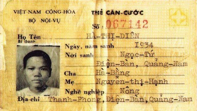 Thẻ căn cước của Hà Thị Diên, một trong những nạn nhân trong vụ thảm sát Phong Nhất và Phong Nhị năm 1968