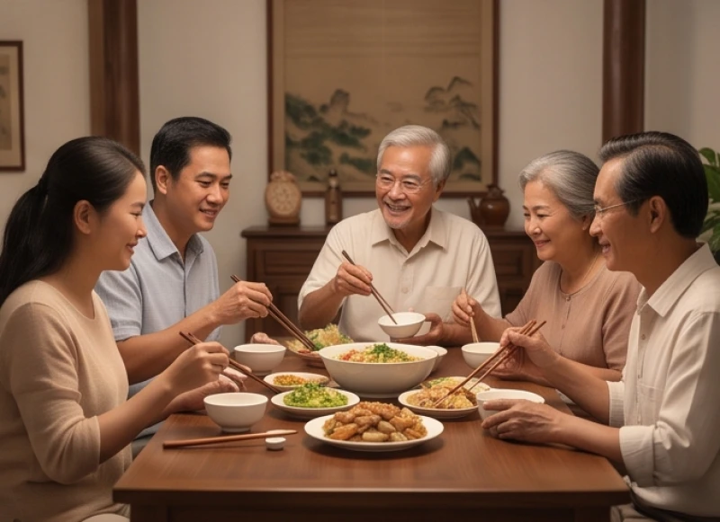 Bữa cơm gia đình ấm cúng với những gương mặt vui vẻ gắn kết tình cảm
