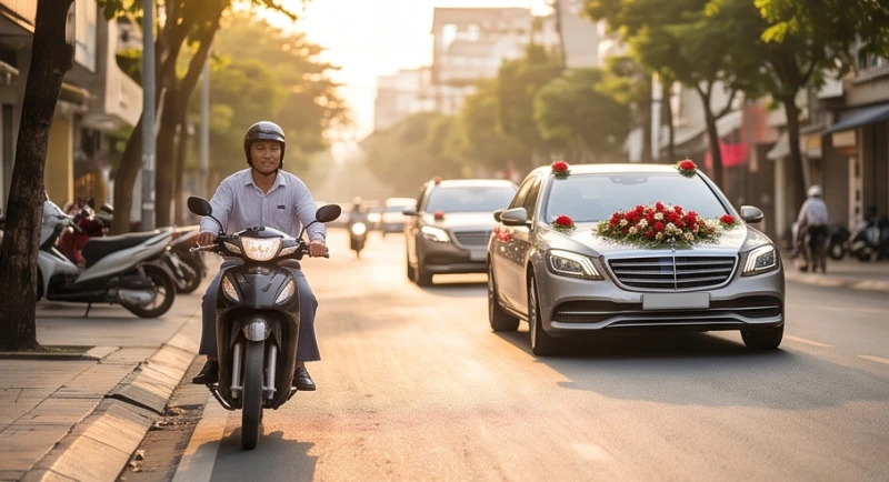 Người đi xe máy từ tốn dừng sát lề nhường đường cho chiếc xe hoa vào buổi sáng ban mai