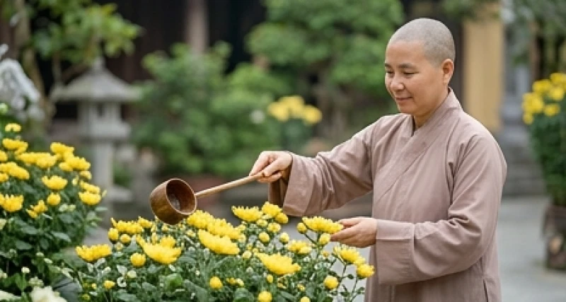 Mơ thấy nhà sư là điềm gì? Giải mã điềm báo & cách hóa giải 5 Vị sư cô với nét mặt từ bi đang tỉ mỉ chăm sóc những nụ hoa cúc vàng nở rộ nơi sân chùa thanh vắng