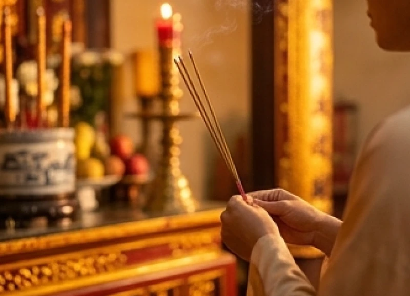 Đôi bàn tay thành tâm chắp nhang cầu nguyện trước ban thờ chư vị thần linh