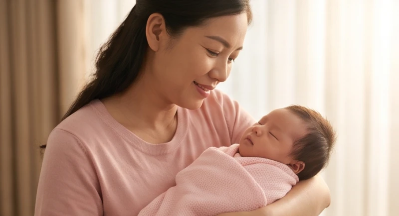 Người mẹ mỉm cười hạnh phúc bồng một bé gái sơ sinh kháu khỉnh, biểu tượng của sự bình yên và vượng khí êm đềm