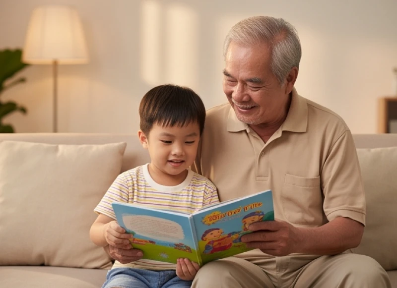 Cụ ông 80 tuổi cười rạng rỡ khi đang hướng dẫn cháu trai đọc sách tại phòng khách gia đình