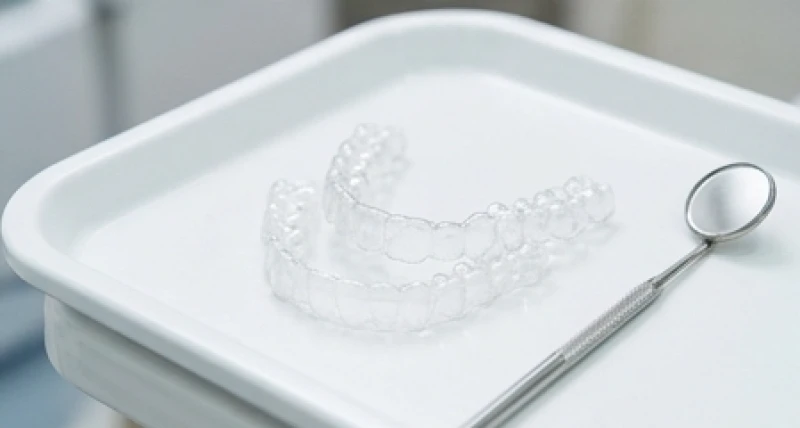 Khay niềng răng trong suốt Invisalign đặt gọn gàng cạnh chiếc gương nha khoa chuyên dụng