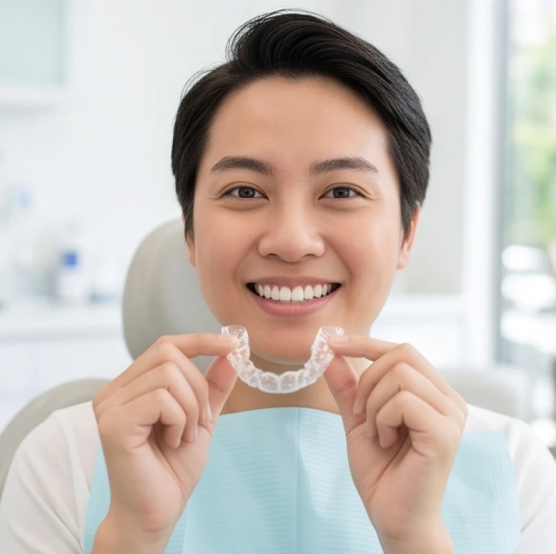 Bác sĩ đang hướng dẫn khách hàng sử dụng khay niềng răng trong suốt để chỉnh nha