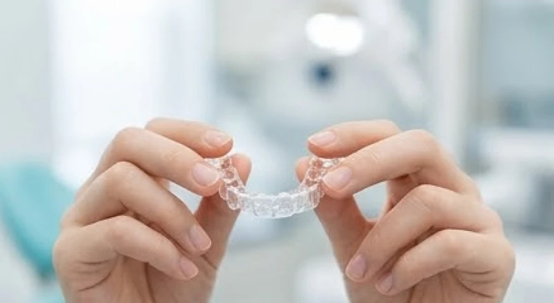 Mơ thấy răng thưa: Giải mã điềm báo, bảng số và hướng xử lý 6 Đôi tay chuyên gia đang cầm khay niềng răng trong suốt để chuẩn bị điều trị