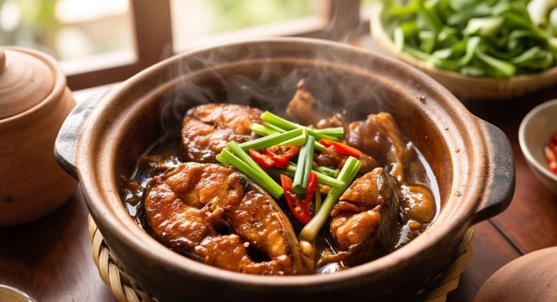 Nồi đất nung đựng món cá kho tộ với nước sốt cánh gián sóng sánh cùng hành lá và ớt đỏ tươi
