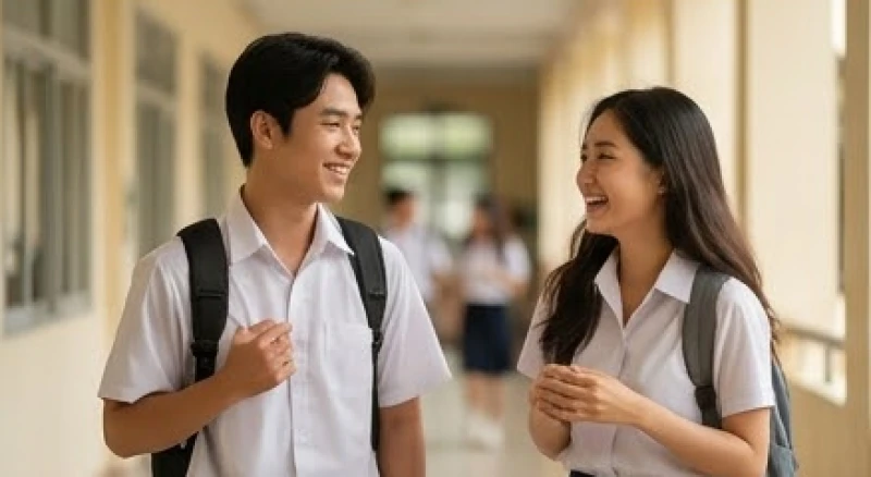 Hai sinh viên Việt Nam đứng trò chuyện vui vẻ, thoải mái tại một góc hành lang trường học
