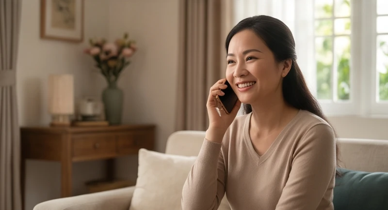 Người phụ nữ mỉm cười rạng rỡ khi cầm điện thoại di động trò chuyện trong không gian phòng khách