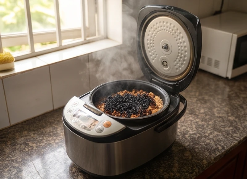 Nồi cơm điện bốc khói và lớp cơm bên trong cháy đen thui do rơ le nhiệt bị hỏng