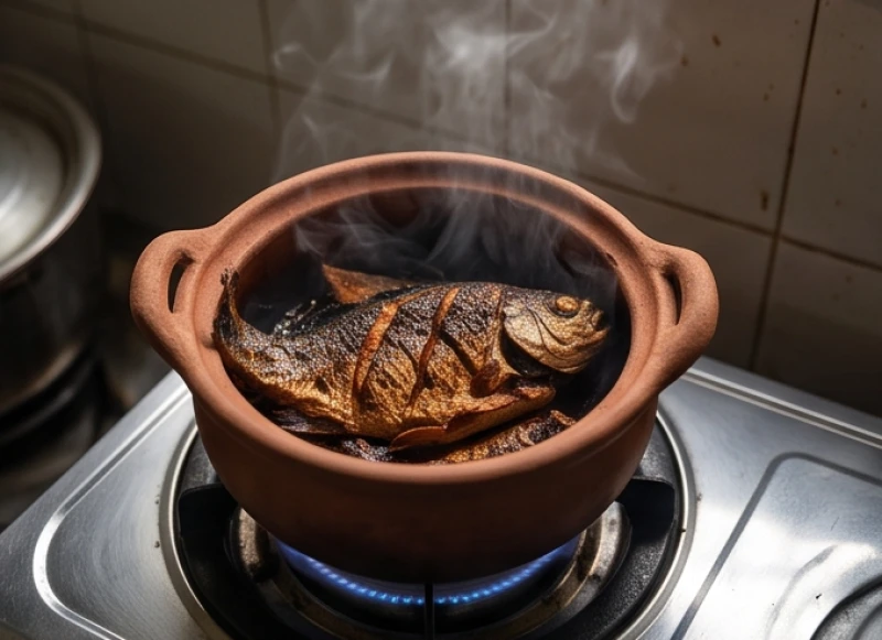 Niêu đất kho cá cạn nước nứt toác và cháy khét đen thui dưới ngọn lửa bếp gas