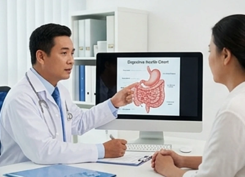 Bác sĩ chuyên khoa tiêu hóa đang phân tích cẩn thận kết quả nội soi dạ dày trên màn hình máy tính