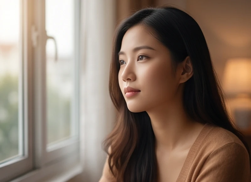 Người phụ nữ trầm ngâm suy nghĩ trong không gian tĩnh lặng, phản chiếu đời sống nội tâm phức tạp qua những giấc mơ