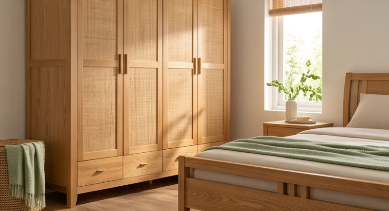 Thiết kế phòng ngủ hạn chế tối đa kim loại và sử dụng vật liệu gỗ tự nhiên mang lại cảm giác ấm áp