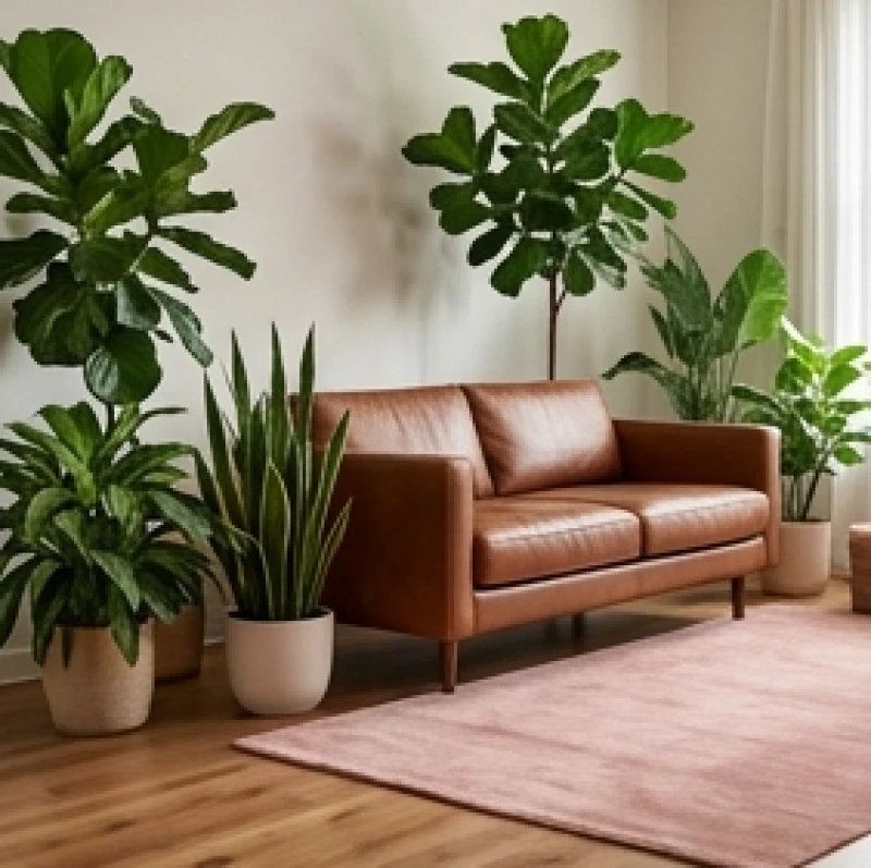 Ất Hợi 1995 Hợp Màu Gì: Bảng Màu Chuẩn Và Cách Hóa Giải Kỵ 4 Phòng khách có ghế sofa màu nâu đất kết hợp cùng nhiều chậu cây xanh tươi mát