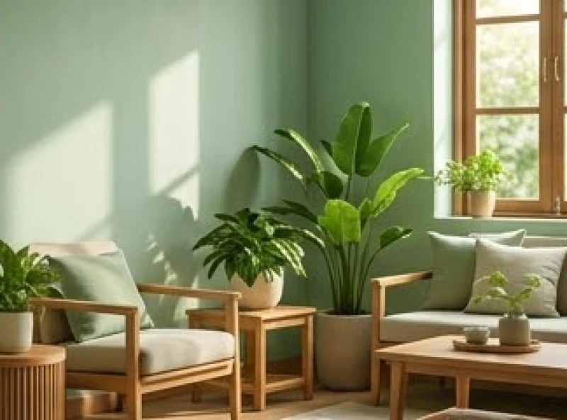 Góc phòng khách sơn màu xanh ngọc bích phối cùng nội thất gỗ tự nhiên êm ái và sang trọng