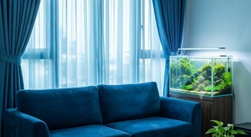 Số nhà hợp tuổi Hợi: Cách tính ngũ hành biển số nhiều ký tự 8 Phòng khách bài trí hài hòa với bộ sofa màu xanh dương và bể cá thủy sinh nhỏ gọn